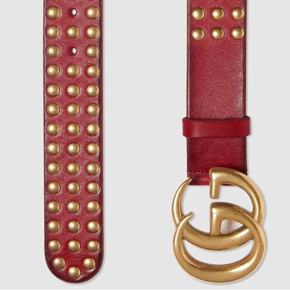 RARE GUCCI MARMONT GG LOGO RED LEATHER STUDDED BELT - Picture 2 of 11